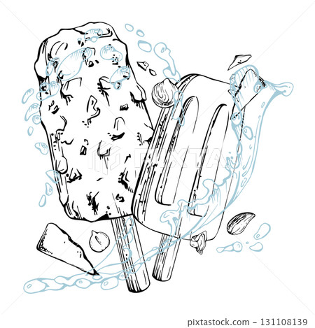 Chocolate and nuts coat ice cream popsicle with water splashes, droplets, dragee bonbons. graphic illustration hand drawn in vector ink. Cocktail garnish art, dessert shop flyer, foodie paper goods 131108139