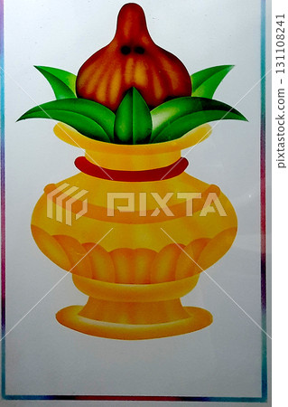 Painted Pot with Leaves and Coconut Painted Pot with Leaves and Coconut 131108241