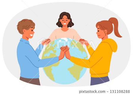 Planet earth day celebrated by people holding hands, drawing attention to importance caring for eco 131108288