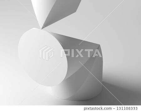 A clean, minimalist white geometric sculpture featuring a circular base, 3d render 131108333