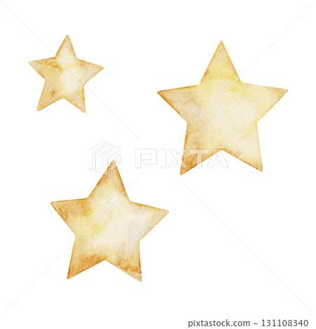 Watercolor Set of Simple Golden five pointed Star. Hand drawn Illustration fireworks. Festive decor, party and celebration symbol, Yellow Christmas tree top decoration isolated on background 131108340