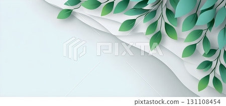 Minimal paper cut background with green botanical leaves draping from the top 131108454