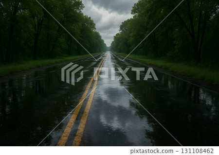 Empty wet highway through dense green forest after rain, double yellow lines 131108462
