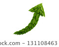 Curved upward arrow made of fresh green leaves on a white background, symbolizing eco growth 131108463