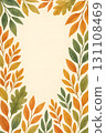 Watercolor botanical frame of autumn leaves in warm orange, green, and yellow 131108469