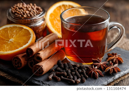 A glass mug of spiced black tea, infused with cinnamon, cloves, anise, and orange slices 131108474