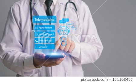 Telemedicine technology with AI chatbot assisting doctor on mobile device for online medical appointments and digital health records. 131108495