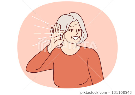 Elderly woman experiences deafness and puts hand to ear to hear interlocutor or neighbors 131108543