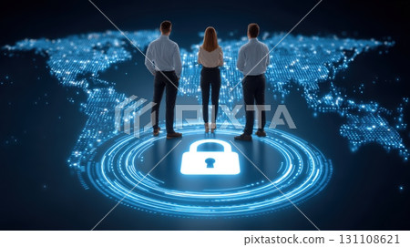 Global Data Protection Concept with Silhouettes of Business People and Digital Network Lock Symbol 131108621