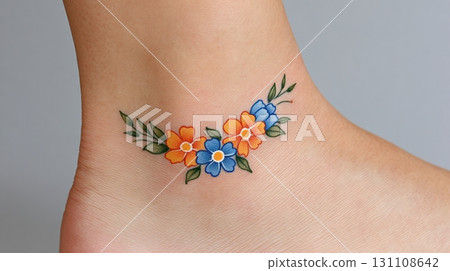 Vibrant Floral Tattoo Design on Ankle with Colorful Blooms and Green Leaves Captured in Artistic Detail 131108642