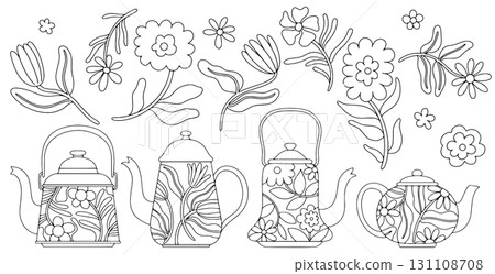 Coloring page, set of cute teapots with patterns and abstract flowers. Vector linear illustration. Coloring page, set of cute teapots with patterns and abstract flowers. Vector linear illustration. 131108708