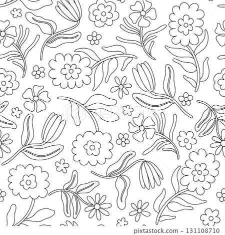 Coloring page. Seamless pattern of abstract flowers in a modern style. Vector line illustration. Coloring page. Seamless pattern of abstract flowers in a modern style. Vector line illustration. 131108710