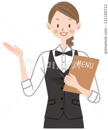Illustration of a cafe clerk holding a menu table 131108712