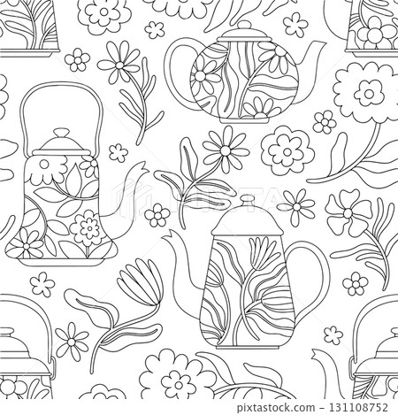 Coloring page. Seamless pattern of cute teapots and abstract flowers in a modern style. Vector line illustration. 131108752