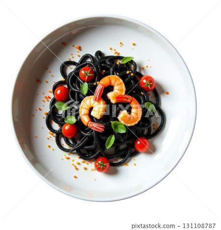 Handmade Black Tagliatelle Pasta with Garlic Prawns and Cherry Tomatoes Sprinkled with Chili Flakes 131108787