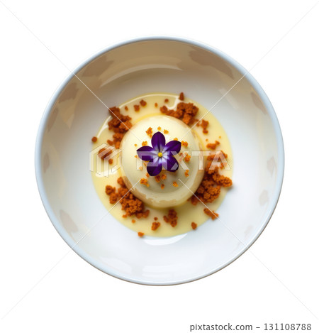 Exotic Tonka Bean Dessert with Creamy Texture and Caramelized White Chocolate Crumbs Garnished with Edible Violet 131108788