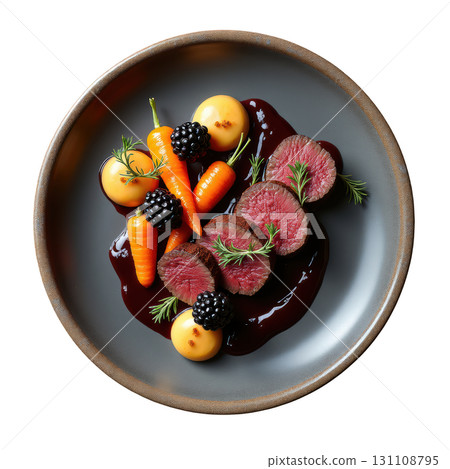 Seared Venison Loin Medallions with Blackberry Reduction and Baby Carrots Served on Gray Plate 131108795