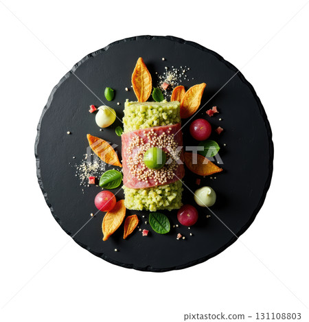 Fresh Yellowfin Tuna Tartare with Avocado and Sesame on Black Slate Plate Fresh Yellowfin Tuna Tartare with Avocado and Sesame on Black Slate Plate 131108803