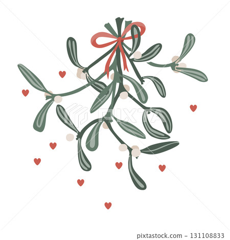 Mistletoe with red ribbon bow and hearts isolated over white background. Vector isolated illustration Mistletoe with red ribbon bow and hearts isolated over white background. Vector isolated illustration 131108833