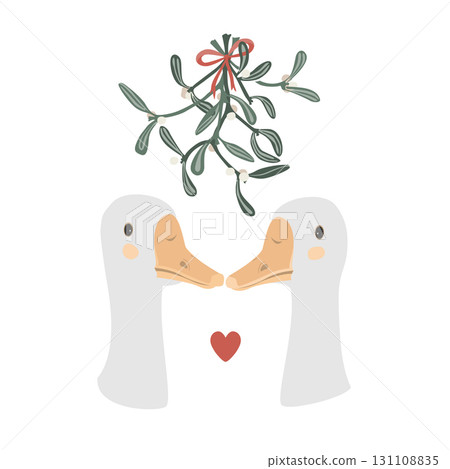 Two happy geese under mistletoe hanging bunch. Christmas kisses concept. Vector isolated illustration. Two happy geese under mistletoe hanging bunch. Christmas kisses concept. Vector isolated illustration. 131108835