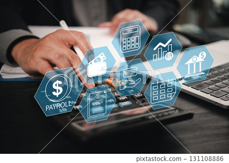 businessman working on payroll management with digital icons showing financial documents, tax filing, and payment systems, optimizing finance workflow for businesses. 131108886