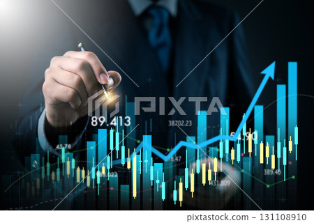 Digital financial growth chart with businessman analyzing data trends. Ideal for business analytics, investment growth, data-driven decision making, and market reports. Digital financial growth chart with businessman analyzing data trends. Ideal for business analytics, investment growth, data-driven decision making, and market reports. 131108910