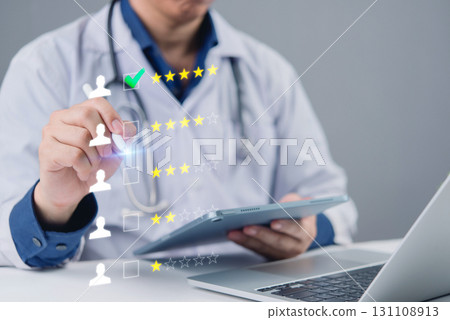 Medical rating interface with doctor assessing service quality. Perfect for keywords like healthcare, patient review, technology, app, and evaluation form. 131108913