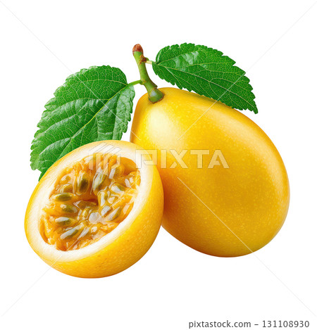 Fresh yellow passion fruit with green leaves on a white background showcasing juicy pulp and vibrant color 131108930