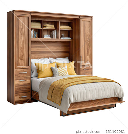 Stylish Wooden Murphy Bed with Storage Units for Space-Saving Bedroom Design and Cozy Comfort 131109081