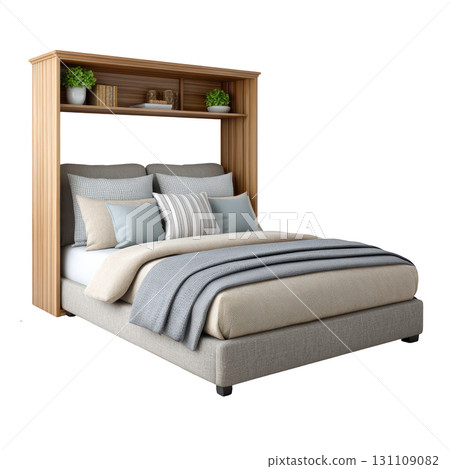 Modern and Stylish Folding Bed with Storage Shelf and Cozy Bed Linen in Bright Interior Setting 131109082
