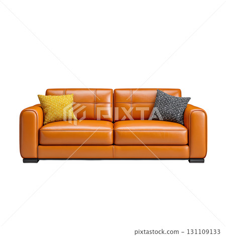 Modern Orange Leather Sofa with Decorative Cushions in Bright Living Room Setting for Contemporary Home Styling 131109133
