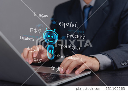 Digital chatbot interface translating several global languages, representing multilingual AI technology in customer service. business communication systems Digital chatbot interface translating several global languages, representing multilingual AI technology in customer service. business communication systems 131109263