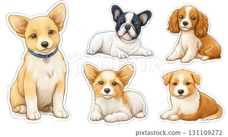 Adorable Cartoon Puppies Collection Featuring Corgi, French Bulldog, Cavalier, and Playful Expressions Adorable Cartoon Puppies Collection Featuring Corgi, French Bulldog, Cavalier, and Playful Expressions 131109272