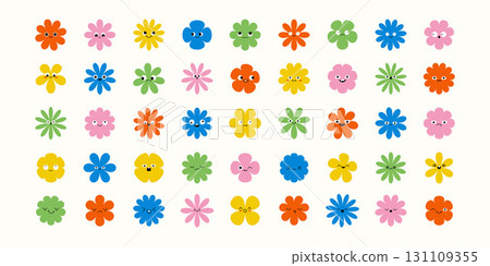 Fun set of stylized floral faces in flat cartoon style. Features silly, calm, furious, and amazed expressions. A bold, colorful mix of playful character and petal design. 131109355