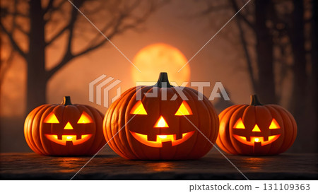 Brightly lit jack-o'-lanterns glowing at sunset in an autumn park setting 131109363