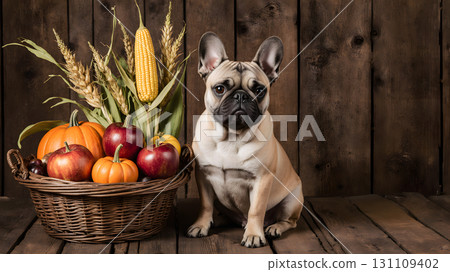 A cute bulldog is next to a basket filled with pumpkins, apples, and corn on a wooden surface A cute bulldog is next to a basket filled with pumpkins, apples, and corn on a wooden surface 131109402