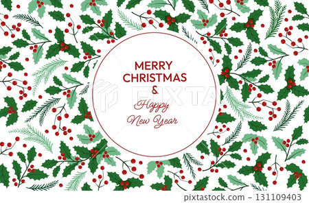 Christmas frame background. New Year banner with minimal Xmas decoration, botanical banner with fir branches and holly berry for winter holiday decoration. Vector illustration 131109403