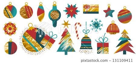 Christmas textured elements. Cute traditional winter holiday symbols with rough grunge golden surface texture , cartoon New Year holiday decoration graphic. Vector isolated set 131109411
