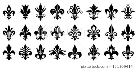 Fleurs de lis. Royal French heraldic lily symbols, stylized medieval decorative flower insignia for coat of arms or emblem. Vector lily silhouette isolated set 131109414