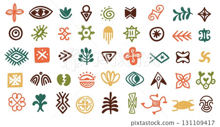 African tribal symbols. Geometric abstract ethnic folk decorative shapes, traditional indigenous decorative elements. Vector tribal African isolated collection African tribal symbols. Geometric abstract ethnic folk decorative shapes, traditional indigenous decorative elements. Vector tribal African isolated collection 131109417