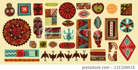 African pattern elements. Geometric traditional tribal African art, abstract grunge ethnic print collection for naive decoration design. Vector folk isolated set 131109418