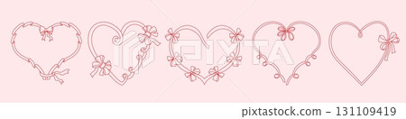 Vintage heart ribbon. Cute sketches of doodle bow frames with ribbons, Valentines day romantic love curly ribbon decoration, elegant bows coquette design. Vector set Vintage heart ribbon. Cute sketches of doodle bow frames with ribbons, Valentines day romantic love curly ribbon decoration, elegant bows coquette design. Vector set 131109419
