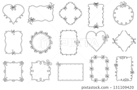 Bow ribbon vintage border. Elegant decorative frames with bows and ribbons, romantic bridal and birthday invitations design elements. Vector doodle set 131109420