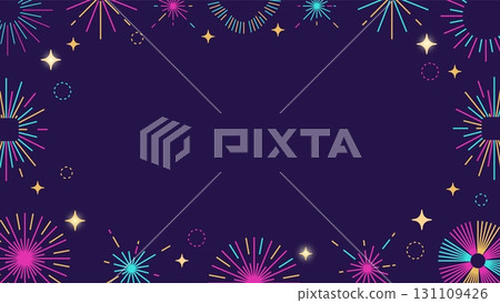 Line fireworks background. Celebration bright festive decoration with firecrackers, happy birthday party greeting banner design. Vector illustration 131109426