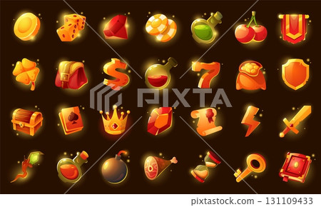 Golden glowing game icons. Cartoon award and loot icons for game UI, key trophy gemstone gold coins money icons with shiny glow. Vector casino set 131109433
