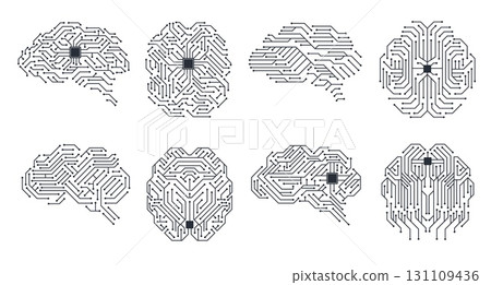 Circuit board brain. Technical thinking concept with microchip brain, brain with electronic circuitry. Vector cyberpunk human brain isolated on white background Circuit board brain. Technical thinking concept with microchip brain, brain with electronic circuitry. Vector cyberpunk human brain isolated on white background 131109436