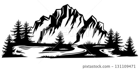 Black mountain landscape. Horizontal banner with nature rocky scenery and pine trees silhouettes. Vector stamp background with hiking emblem for logo 131109471