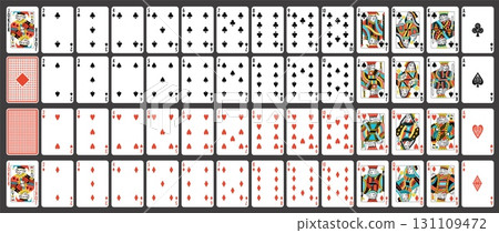 Poker cards. Royal flush in hearts, red ace and kings, gambling game and casino bet concept, playing cards game with 52 card deck. Vector set 131109472