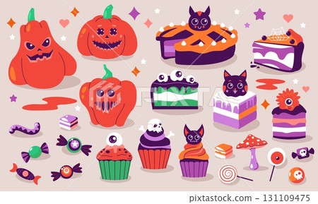 Halloween cakes. Candy cupcake pies cartoon traditional autumn holiday pastries, cute spooky decorated sweet desserts for October party celebration. Vector Halloween isolated set 131109475