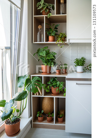 Home garden with green plants scindapsus, monstera, pilea, epipremnum in pots on shelves. Home garden with green plants scindapsus, monstera, pilea, epipremnum in pots on shelves. 131109573